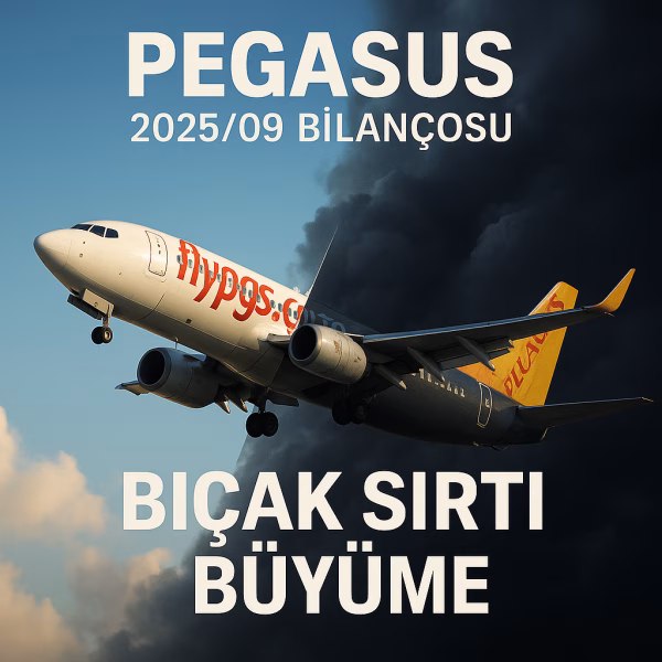 Pegasus 2025 üçüncü çeyrek bilanço analizini temsil eden, yarısı güneşli yarısı fırtınalı gökyüzünde uçan bir uçak konsepti.