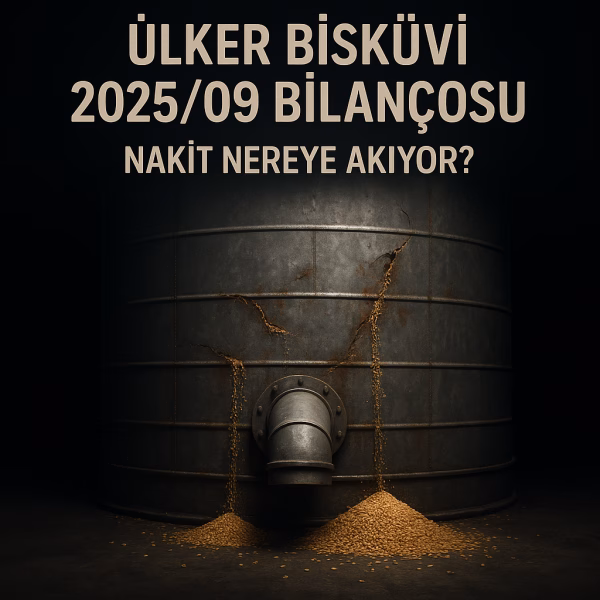Ülker 2025 üçüncü çeyrek bilanço analizini temsil eden, nakit akışı sorununu simgeleyen kum saati konseptli kapak görseli.