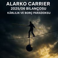 Alarko Carrier ALCAR 2025 ikinci çeyrek bilanço analizini temsil eden, kârlılık ve borç arasındaki dengeyi gösteren konsept kapak görseli.