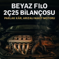 Beyaz Filo 2025 ikinci çeyrek bilanço analizini temsil eden, yarısı parlak yarısı arızalı bir araba motoru konsept görseli.