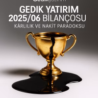 Gedik Yatırım 2025 ilk yarı bilanço analizini temsil eden, çatlağından petrol sızdıran altın kupa konsepti.