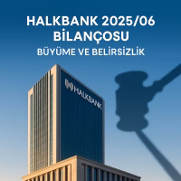 Halkbank 2025 ikinci çeyrek bilanço analizini temsil eden, banka binası ve mahkeme tokmağı gölgesi metaforu içeren kapak görseli.