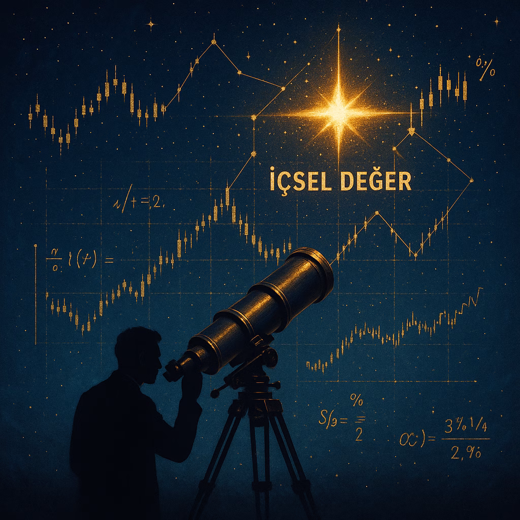 Hisse değerleme yöntemleri rehberi; borsa grafiklerinden oluşan bir yıldız haritasında içsel değeri arayan uzman yatırımcı.
