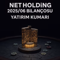 Net Holding 2025 ilk yarı bilanço analizini temsil eden, yatırım ve riski simgeleyen konsept kapak görseli.