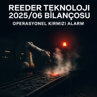 eeder Teknoloji 2025 ilk yarı bilanço analizini temsil eden, arızalı bir üretim bandı konseptli kapak görseli.