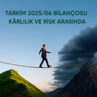 Tarkim 2025 ilk yarıyıl bilanço analizini temsil eden, ip üzerinde yürüyen iş adamı konseptli kapak görseli.
