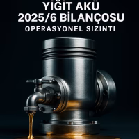 Yiğit Akü 2025 ilk yarı bilanço analizini temsil eden, sızıntı yapan bir makine metaforu.
