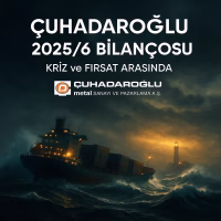 Çuhadaroğlu 2025 ilk yarı bilanço analizini temsil eden, fırtınalı denizde bir gemi konseptli kapak görseli.