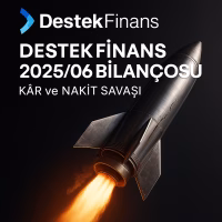 Destek Finans 2025 ilk yarı bilanço analizini temsil eden, yükselen ama motorundan duman sızan bir roket konsepti kapak görseli.