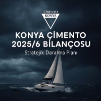Konya Çimento'nun 2025 ilk yarı bilanço analizini temsil eden fırtınalı denizde ilerleyen gemi konseptli kapak görseli.