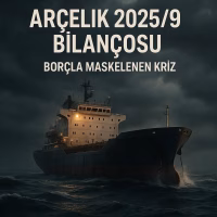 Arçelik 2025 dokuz aylık bilanço analizini temsil eden fırtınalı denizde bir sanayi gemisi konsept kapak görseli.
