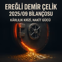 Ereğli Demir Çelik 2025 üçüncü çeyrek bilanço analizini temsil eden, eriyen bir kasa ve akan nakit konseptli kapak görseli.
