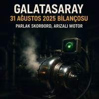 Galatasaray 31 Ağustos 2025 bilanço analizini temsil eden, göstergesi yeşil yanan ama çatlağından buhar sızan bir motor konsepti.