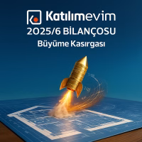 Katılımevim 2025 2. Çeyrek bilanço analizini temsil eden, ev planı üzerinden fırlayan para roketi konsept kapak görseli.