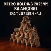 Metro Holding 2025 üçüncü çeyrek bilanço analizini temsil eden, oyun kartlarından yapılmış bir kale konseptli kapak görseli.