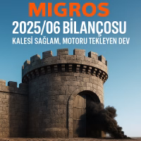 Migros 2025 ilk yarı bilanço analizini temsil eden, sağlam bir kaleden siyah duman çıkmasını gösteren konsept kapak görseli.