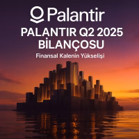 Palantir Q2 2025 bilanço analizini temsil eden, veri akışlarından oluşan bir finansal kale konsept kapak görseli.