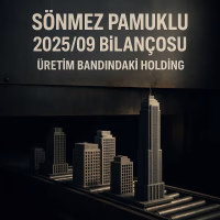 Sönmez Pamuklu (SNPAM) 2025 üçüncü çeyrek bilanço analizini temsil eden, üretim bandında binalar olan konsept kapak görseli.