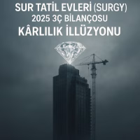 Sur Tatil Evleri (SURGY) 2025 üçüncü çeyrek bilanço analizini temsil eden, karanlık bir inşaat üzerindeki parlak elmas konseptli kapak görseli.