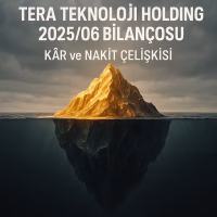 TERA Teknoloji Holding 2025 ikinci çeyrek bilanço analizini temsil eden, kâr ve nakit çelişkisini gösteren buzdağı metaforlu kapak görseli.