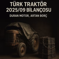 Türk Traktör 2025 üçüncü çeyrek bilanço analizini temsil eden, durmuş bir motor ve borç metaforu içeren kapak görseli.