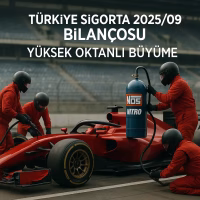 Türkiye Sigorta 2025 dokuz aylık bilanço analizini temsil eden, nitro takılan bir yarış arabası konsepti kapak görseli.