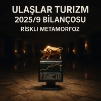 Ulaşlar Turizm 2025/9 bilanço analizini temsil eden, otel lobisindeki borsa terminali konsept kapak görseli.