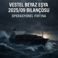 Vestel Beyaz Eşya 2025 üçüncü çeyrek bilanço analizini temsil eden fırtınalı denizdeki gemi konsepti kapak görseli.