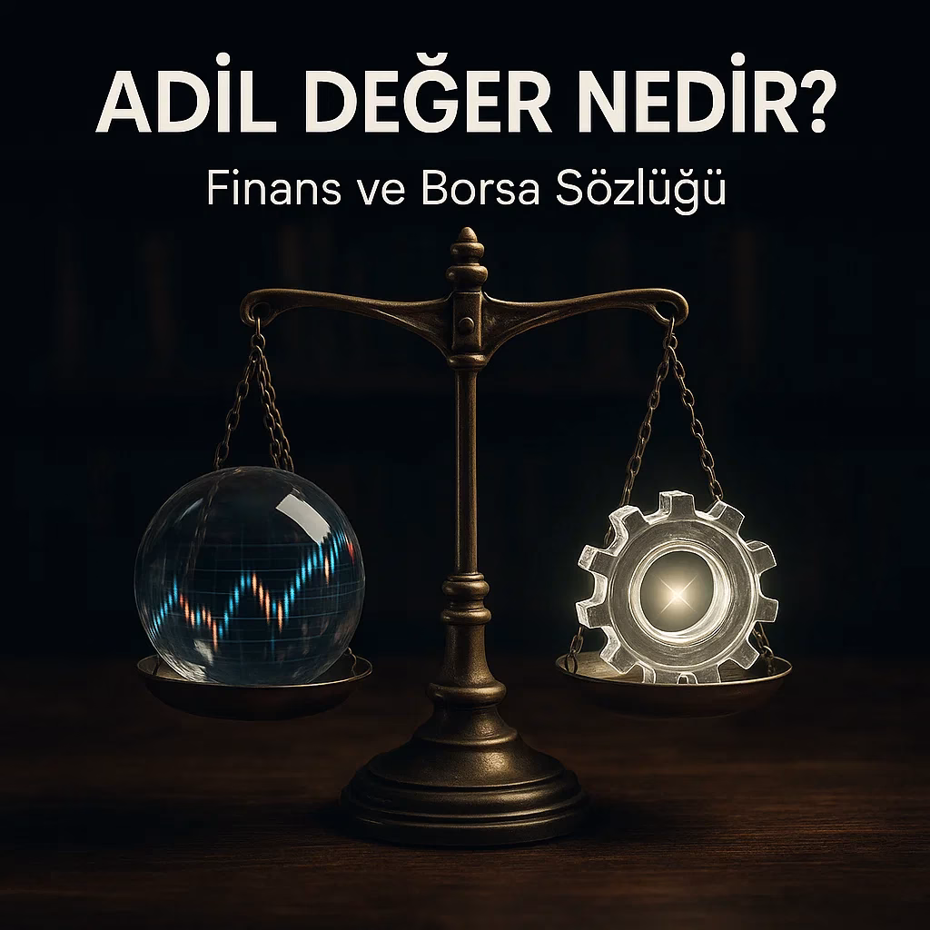 Adil Değer nedir sorusunu cevaplayan, piyasa fiyatı ile gerçek değeri tartan bir terazi metaforu içeren finansal konsept görseli.