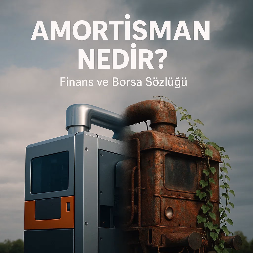 Amortisman nedir sorusunu cevaplayan, bir makinenin zamanla değer kaybını gösteren finansal konsept görseli.
