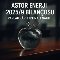 Astor Enerji 2025/9 bilanço analizini temsil eden, içinde fırtına olan kristal elma konsept kapak görseli.