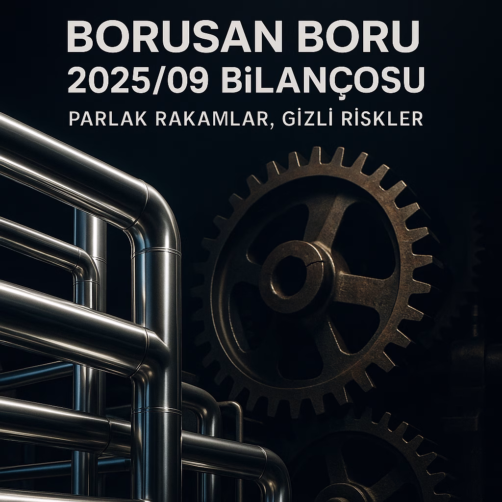 Borusan Boru 2025 üçüncü çeyrek bilanço analizini temsil eden, parlak çelik borular ve gölgedeki riskli bir dişli mekanizması konseptli kapak görseli.