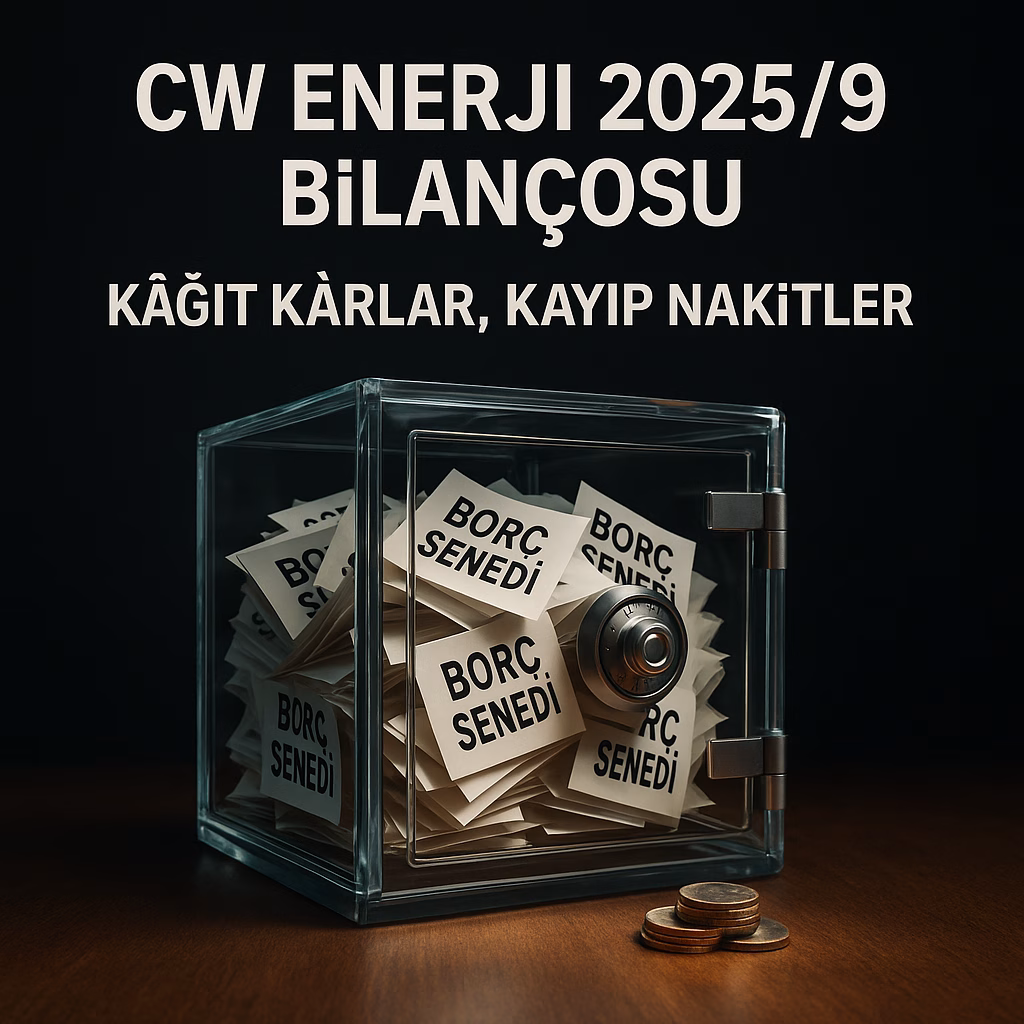 CW Enerji 2025/9 bilanço analizini temsil eden, kağıt kâr ve nakit sıkışıklığını simgeleyen konsept kapak görseli.