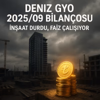 Deniz GYO 2025 üçüncü çeyrek bilanço analizini temsil eden, durmuş bir inşaat ve parlayan Türk Lirası yığınını gösteren konsept kapak görseli.