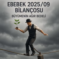 Ebebek 2025 üçüncü çeyrek bilanço analizini temsil eden, borç yüküyle büyümeye çalışan cambaz konseptli kapak görseli.
