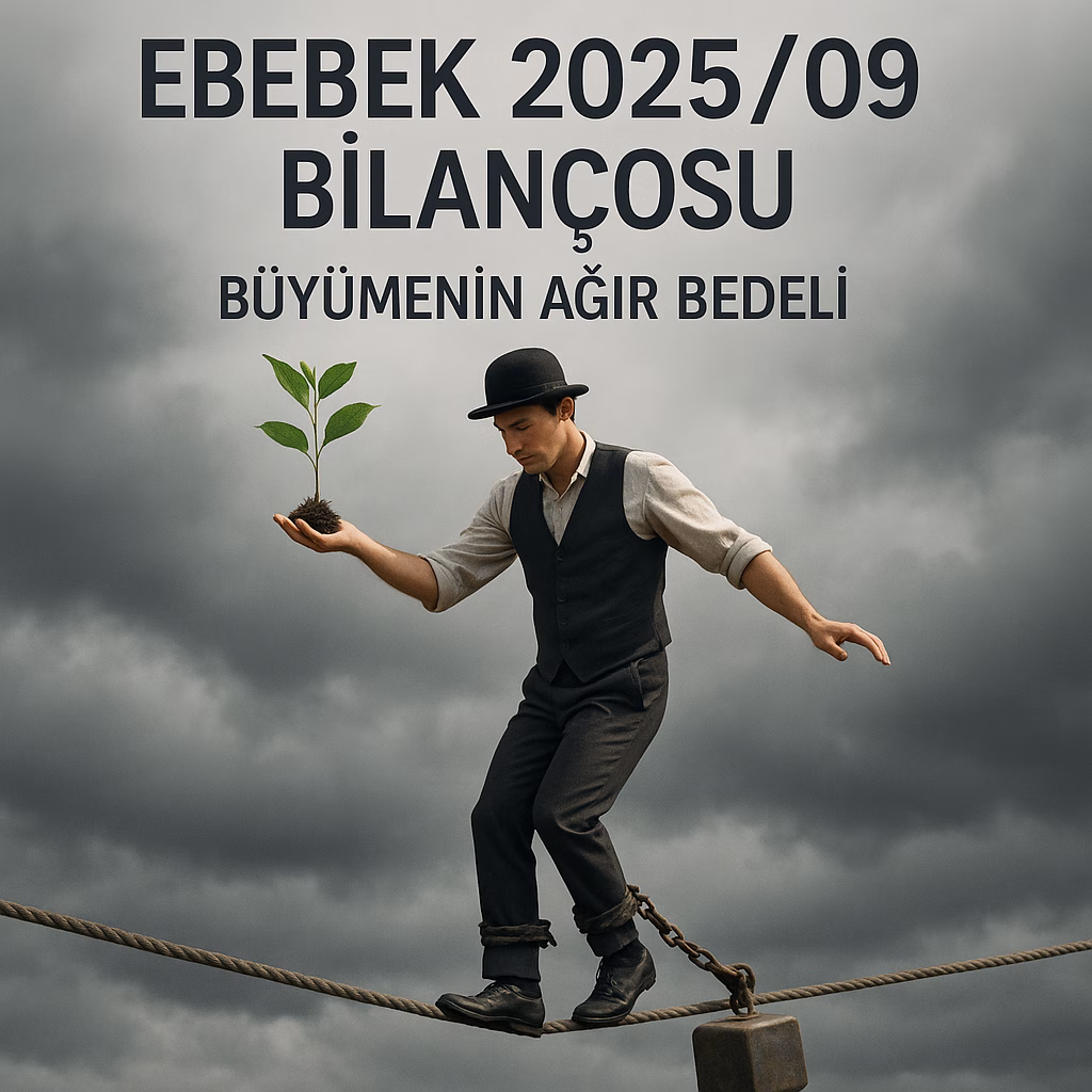 Ebebek 2025 üçüncü çeyrek bilanço analizini temsil eden, borç yüküyle büyümeye çalışan cambaz konseptli kapak görseli.