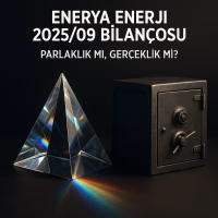 Enerya Enerji 2025 üçüncü çeyrek bilanço analizini temsil eden konsept kapak görseli: kristal prizma ve metal kasa.