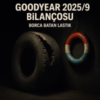 Goodyear 2025 üçüncü çeyrek bilanço analizini temsil eden, patlak bir lastik ve can simidi konseptli kapak görseli.