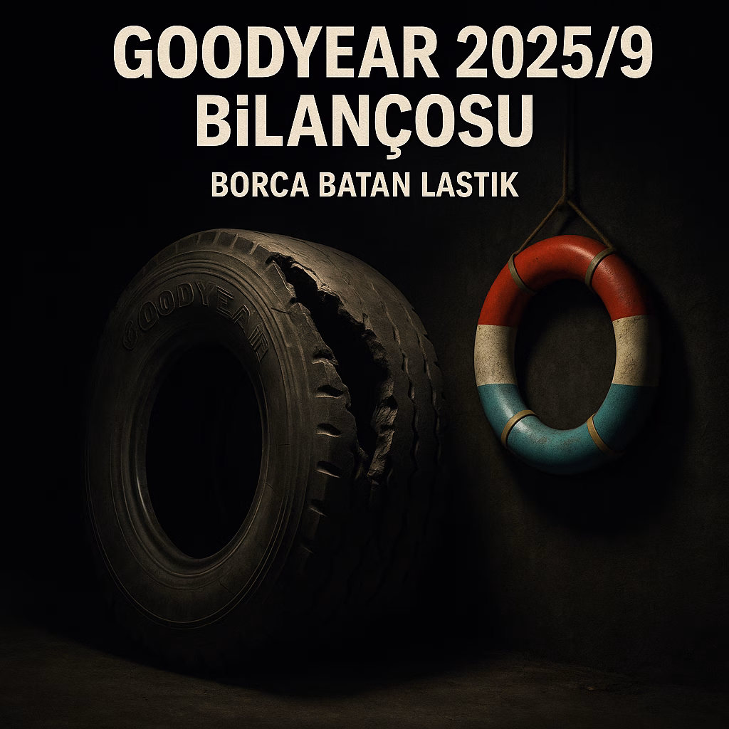 Goodyear 2025 üçüncü çeyrek bilanço analizini temsil eden, patlak bir lastik ve can simidi konseptli kapak görseli.