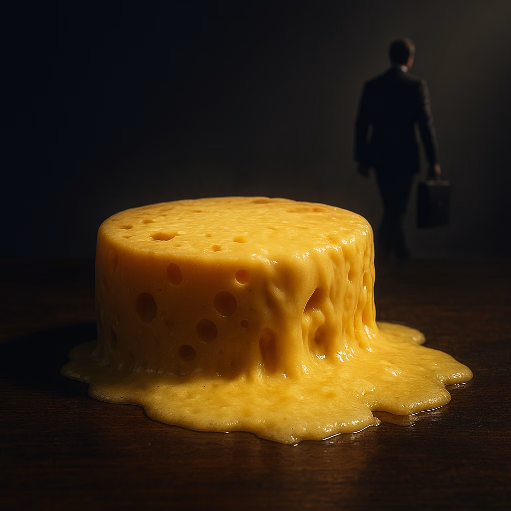 Gündoğdu Gıda 2025 3. çeyrek bilanço analizini temsil eden eriyen peynir ve uzaklaşan iş adamı konsept görseli.