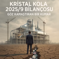 Kristal Kola 2025/9 bilanço analizini temsil eden konsept kapak görseli: Fabrika yatırımı ve likidite riski.