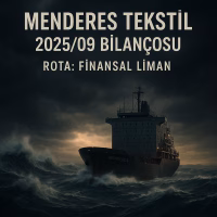 Menderes Tekstil 2025/09 bilanço analizini temsil eden, fırtınalı denizde limana ilerleyen gemi konseptli kapak görseli.
