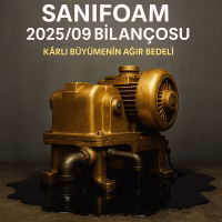 Sanifoam (SANFM) 2025/09 bilanço analizini temsil eden, kârlı ama nakit sızdıran makine konseptli kapak görseli.