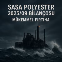 SASA Polyester 2025 üçüncü çeyrek bilanço analizini temsil eden fırtınalı denizdeki sanayi tesisi konsept kapak görseli.