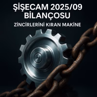Şişecam 2025 üçüncü çeyrek bilanço analizini temsil eden, zincirlerle sarılı makine dişlisi konsept kapak görseli.