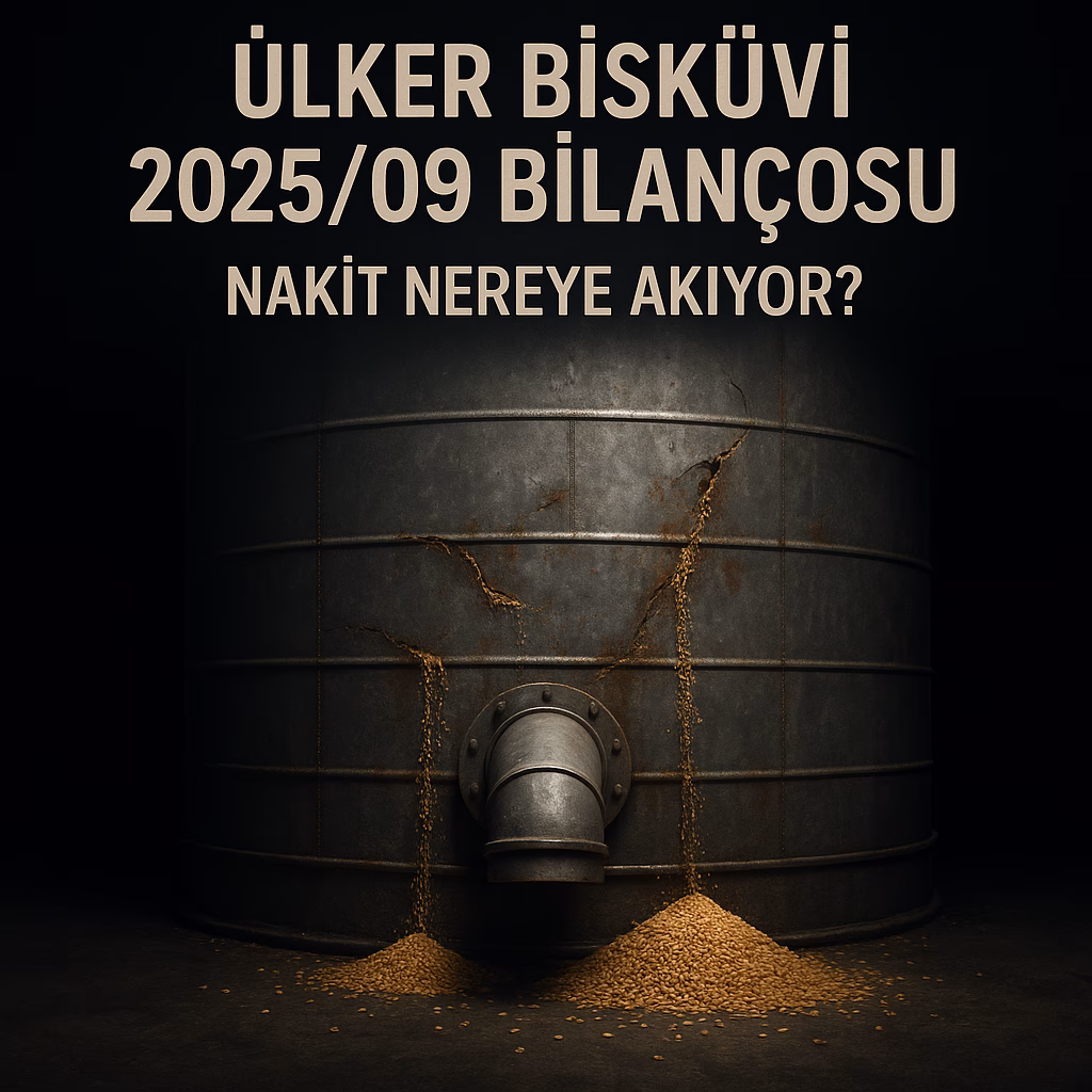 Ülker 2025 üçüncü çeyrek bilanço analizini temsil eden, nakit akışı sorununu simgeleyen kum saati konseptli kapak görseli.