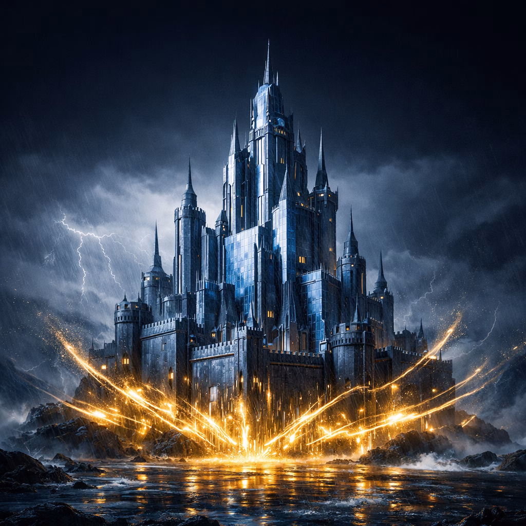 Anadolu Sigorta 2025/09 finansal analizini ve özkaynak kalesini simgeleyen fütüristik kale görseli.