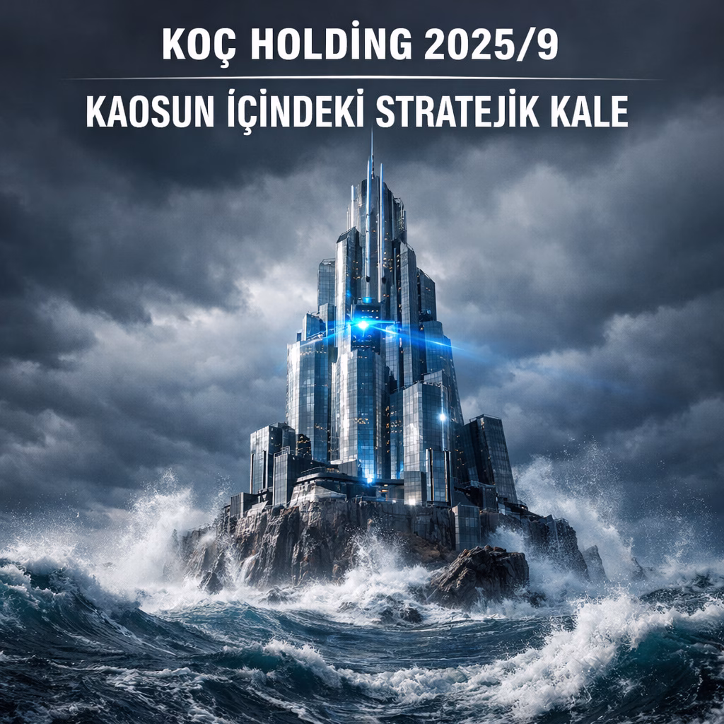 Koç Holding'in zorlu ekonomik koşullara karşı finansal sağlamlığını ve stratejik gücünü simgeleyen fütüristik kale konseptli kapak görseli.