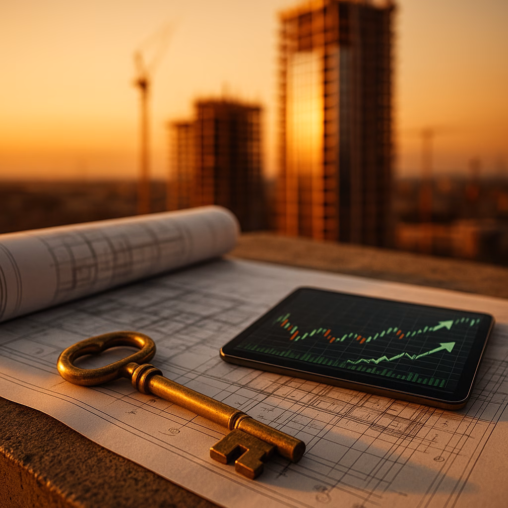 Özak GYO 2025 3. çeyrek bilanço analizini temsil eden inşaat planı ve altın anahtar konseptli kapak görseli