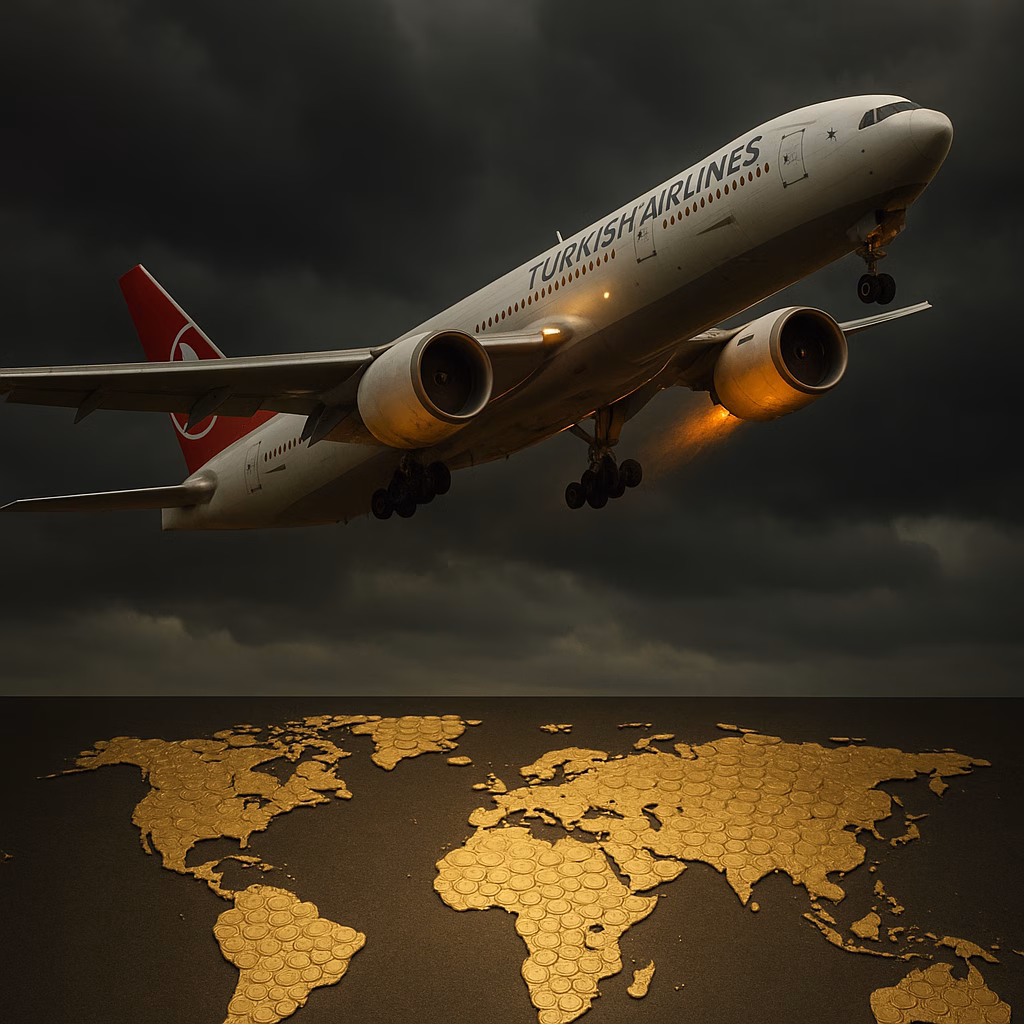 Türk Hava Yolları uçağının türbülanslı havada yükselişini ve finansal zorlukları simgeleyen illüstrasyon.